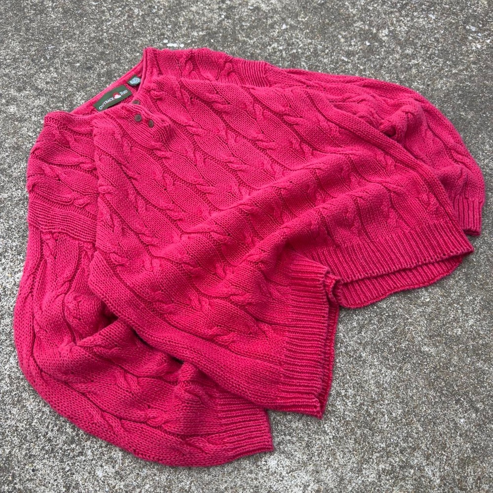 Vintage 90s Outback Red Cable Knit Sweater Button Henley Red Small (b3)